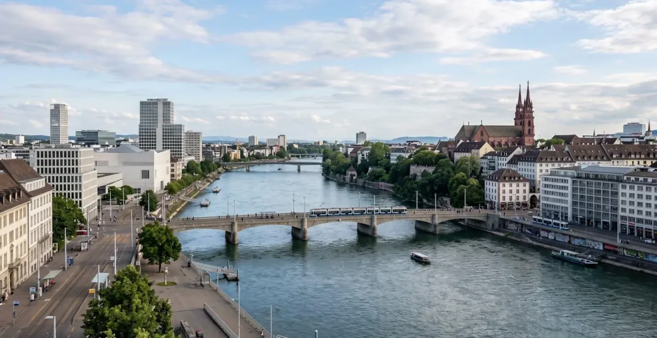 Weitwinkelaufnahme der modernen Basler Stadtlandschaft mit Rheinufer und zeitgenössischer Architektur bei natürlichem Tageslicht, ohne Personen im Vordergrund