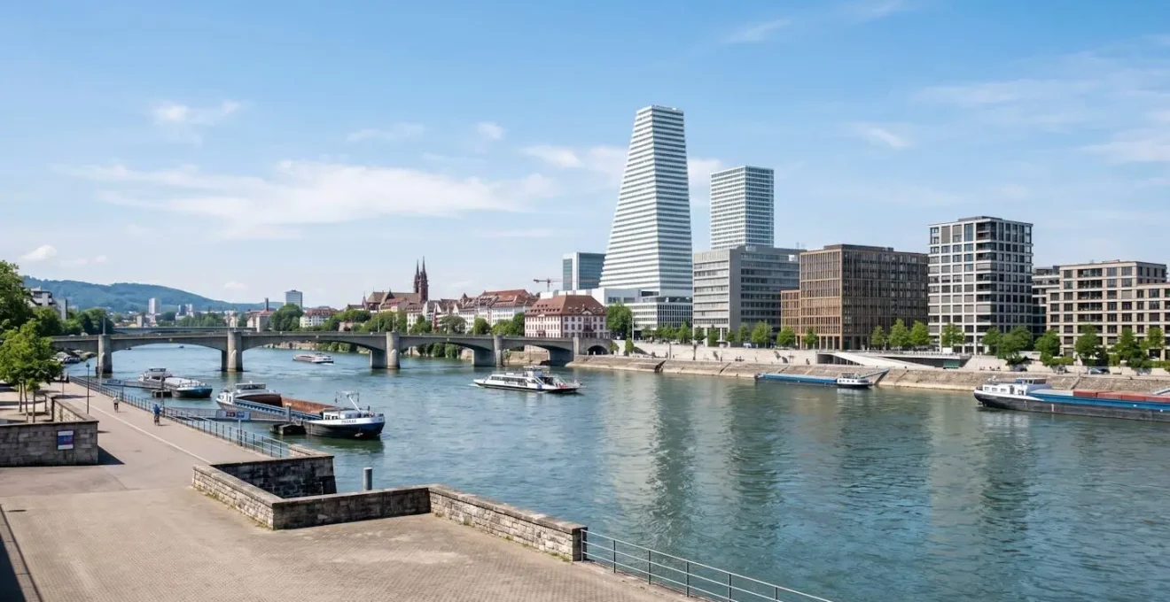Weitwinkelaufnahme der modernen Basler Stadtlandschaft mit Rheinufer und zeitgenössischer Architektur bei natürlichem Tageslicht, ohne Personen im Vordergrund