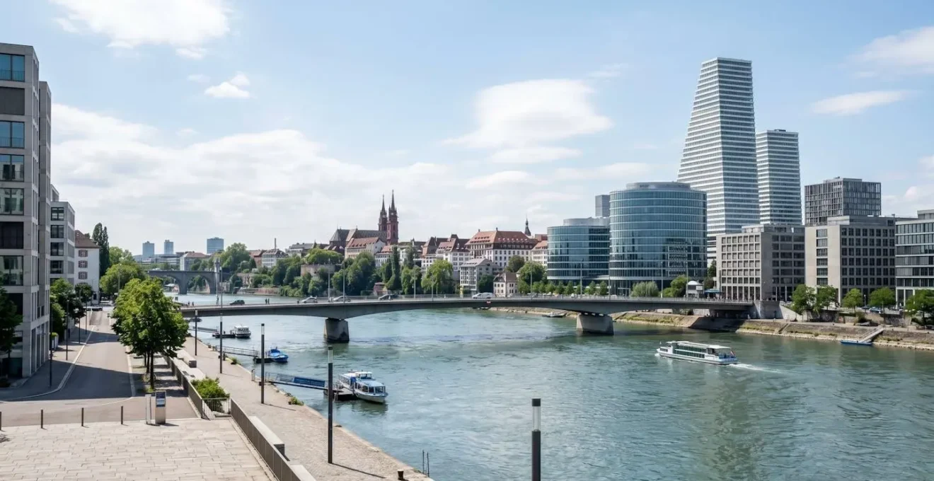 Weitwinkelaufnahme der modernen Basler Stadtlandschaft mit Rheinufer und zeitgenössischer Architektur bei natürlichem Tageslicht, ohne Personen im Vordergrund