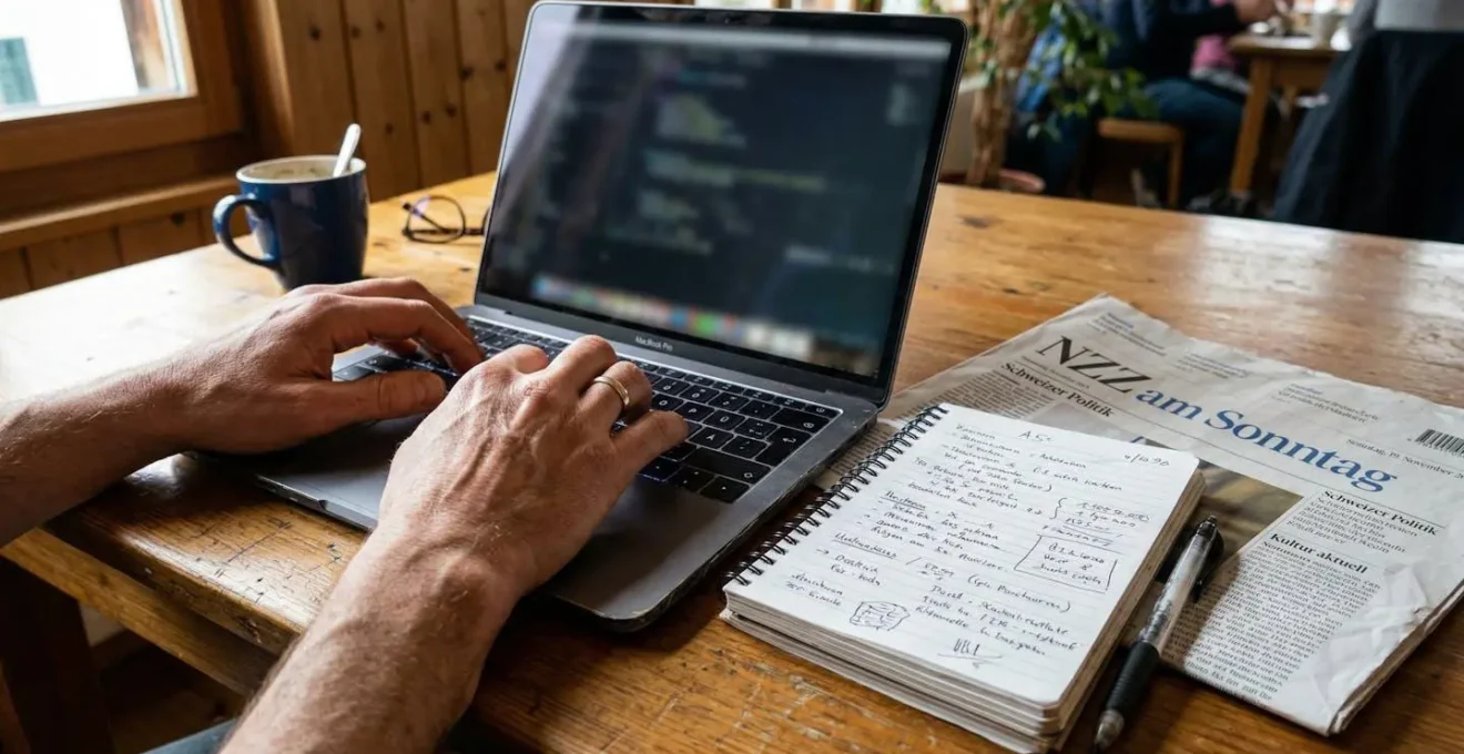Nahaufnahme von Händen auf einer Laptop-Tastatur mit einem Notizblock und einer Schweizer Tageszeitung daneben auf einem Holztisch