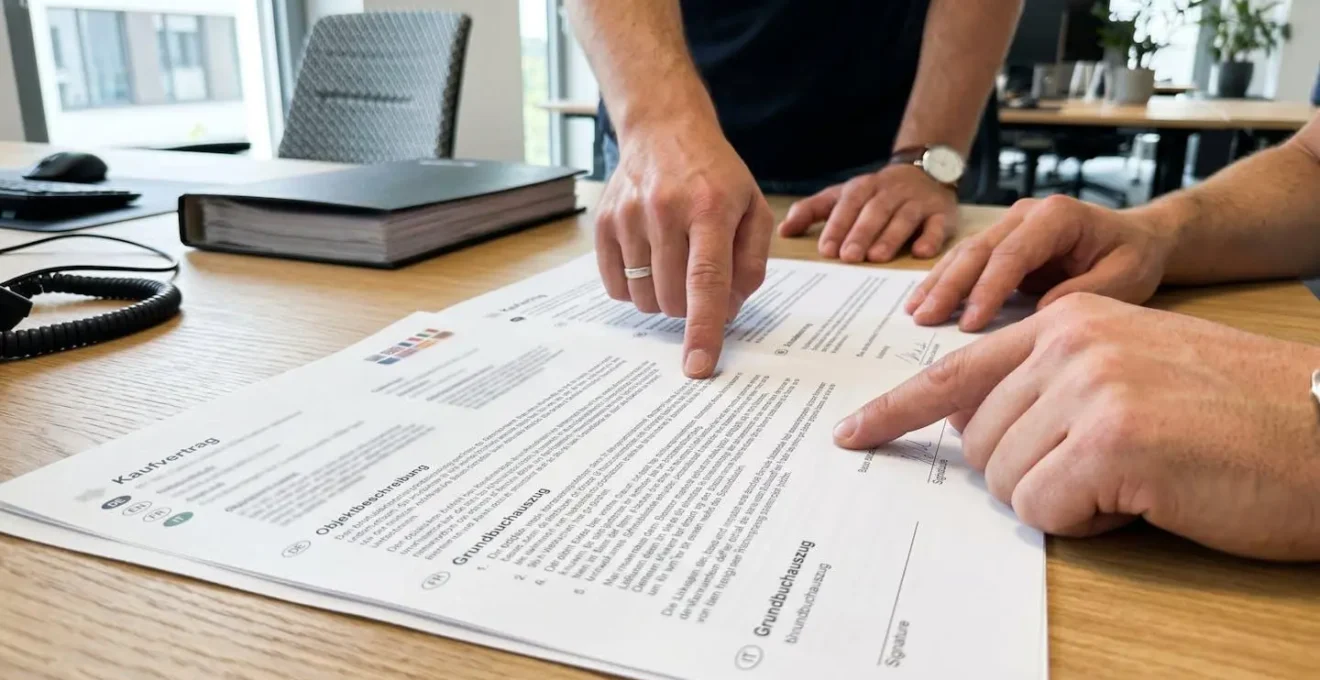 Extreme Nahaufnahme von Händen, die auf mehrsprachige Immobilienunterlagen auf einem modernen Schreibtisch zeigen, mit unscharfen Sprachsymbolen im Hintergrund