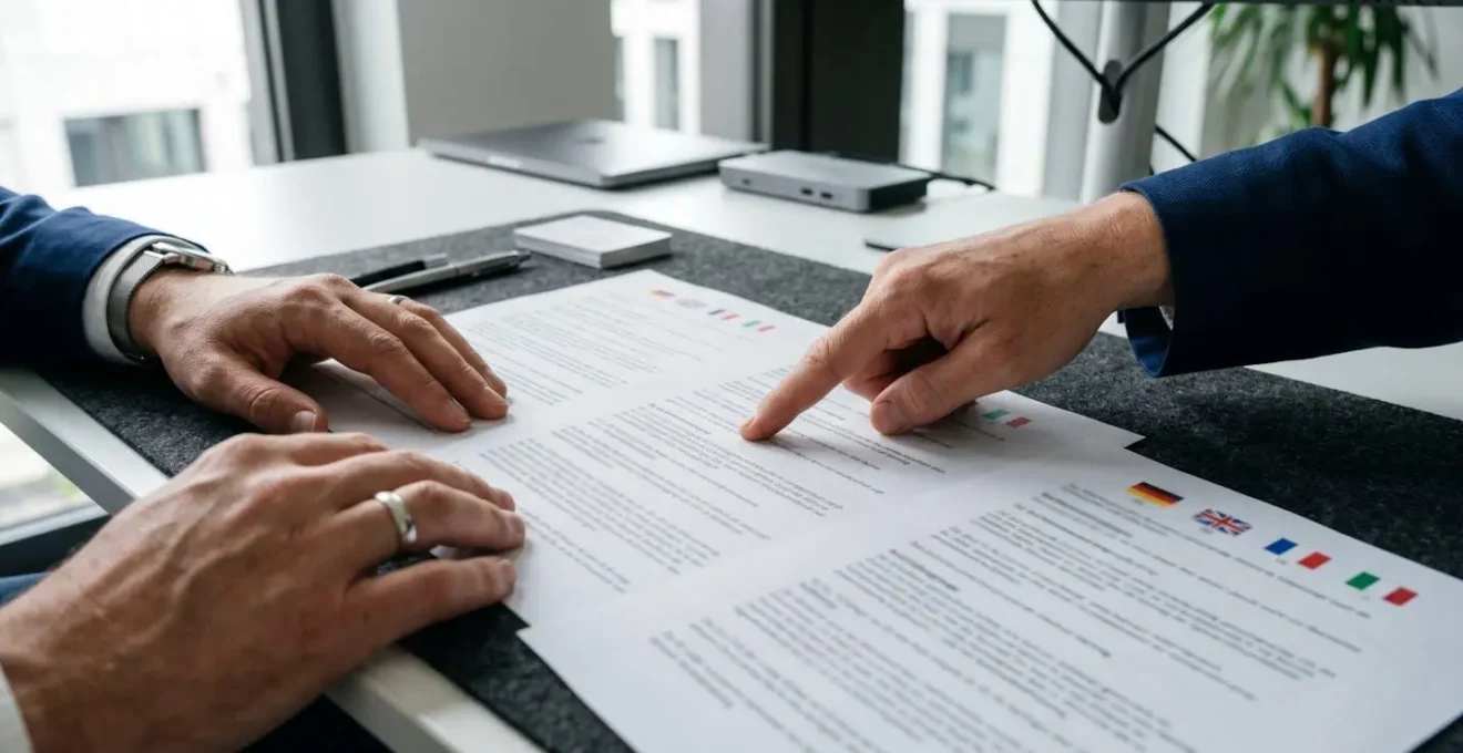 Extreme Nahaufnahme von Händen, die auf mehrsprachige Immobilienunterlagen auf einem modernen Schreibtisch zeigen, mit unscharfen Sprachsymbolen im Hintergrund