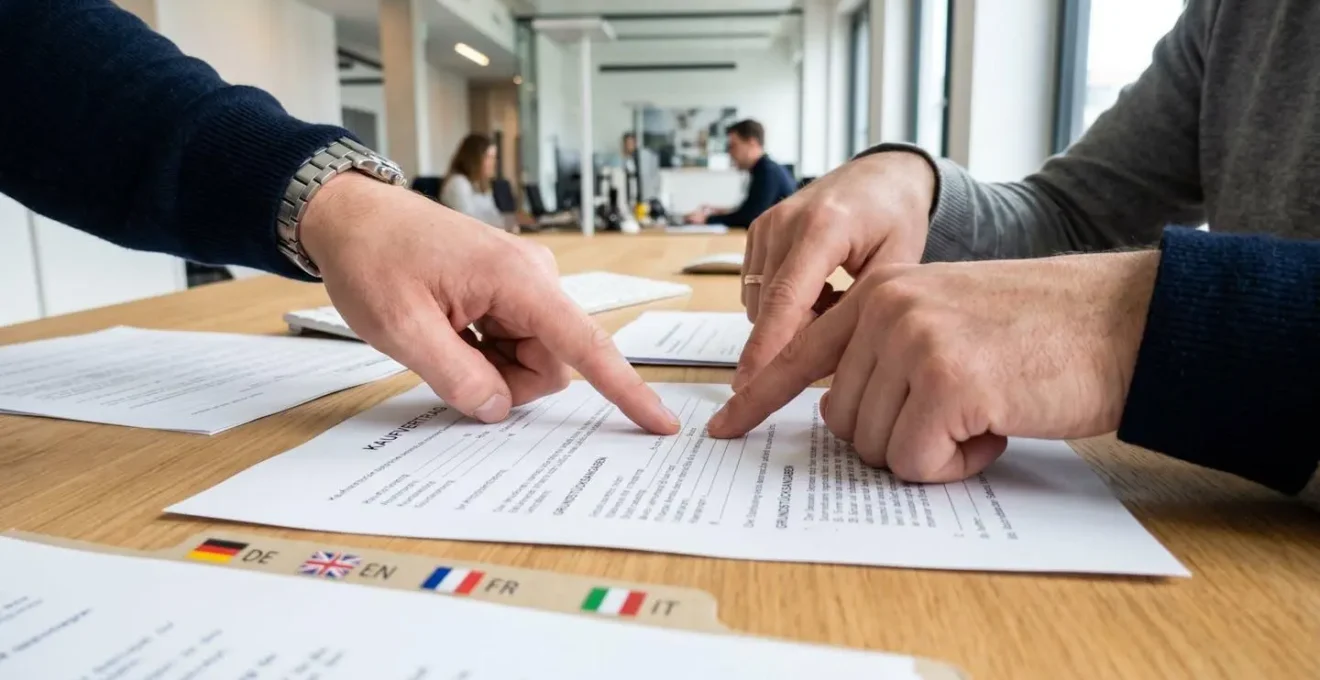 Extreme Nahaufnahme von Händen, die auf mehrsprachige Immobilienunterlagen auf einem modernen Schreibtisch zeigen, mit unscharfen Sprachsymbolen im Hintergrund