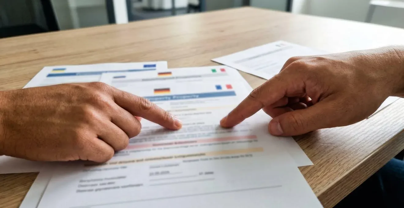 Extreme Nahaufnahme von Händen, die auf mehrsprachige Immobilienunterlagen auf einem modernen Schreibtisch zeigen, mit unscharfen Sprachsymbolen im Hintergrund