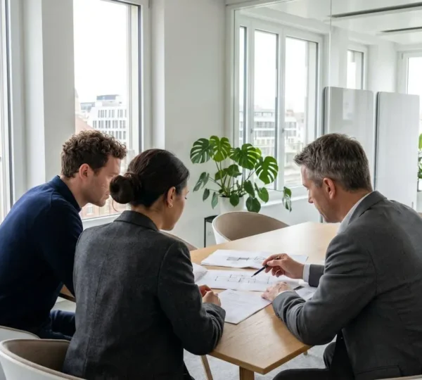 Ein internationales Paar sitzt einem Immobilienmakler gegenüber in einem hellen, modernen Basler Büro und betrachtet gemeinsam Unterlagen auf einem Schreibtisch