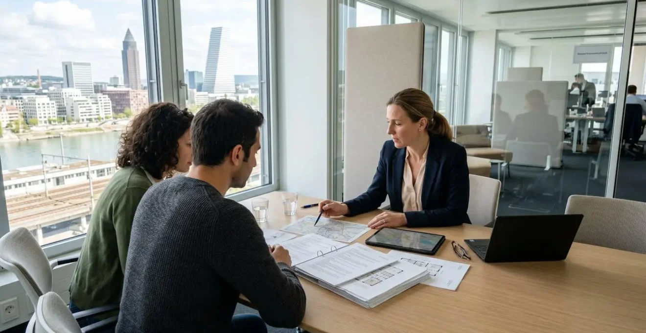 Ein internationales Paar sitzt einem Immobilienmakler gegenüber in einem hellen, modernen Basler Büro und betrachtet gemeinsam Unterlagen auf einem Schreibtisch