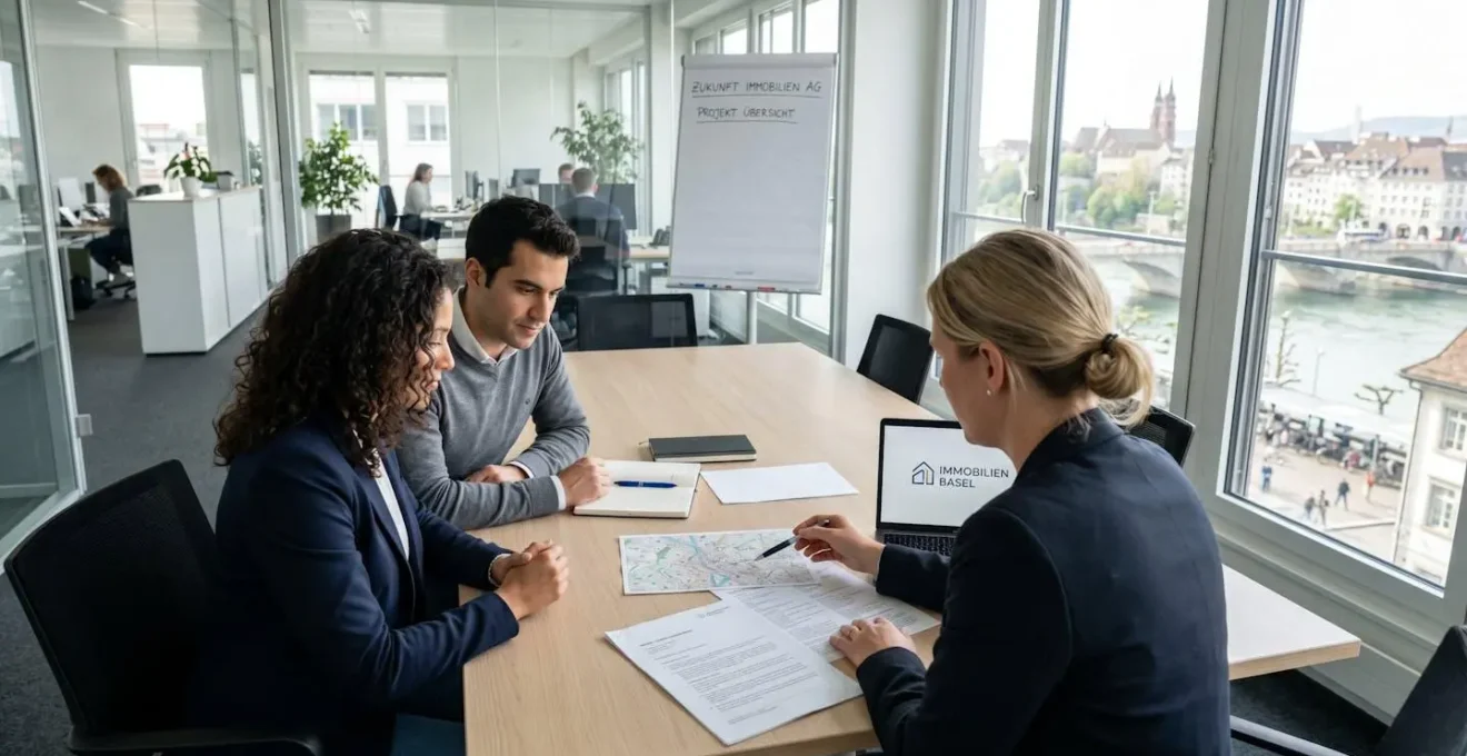 Ein internationales Paar sitzt einem Immobilienmakler gegenüber in einem hellen, modernen Basler Büro und betrachtet gemeinsam Unterlagen auf einem Schreibtisch