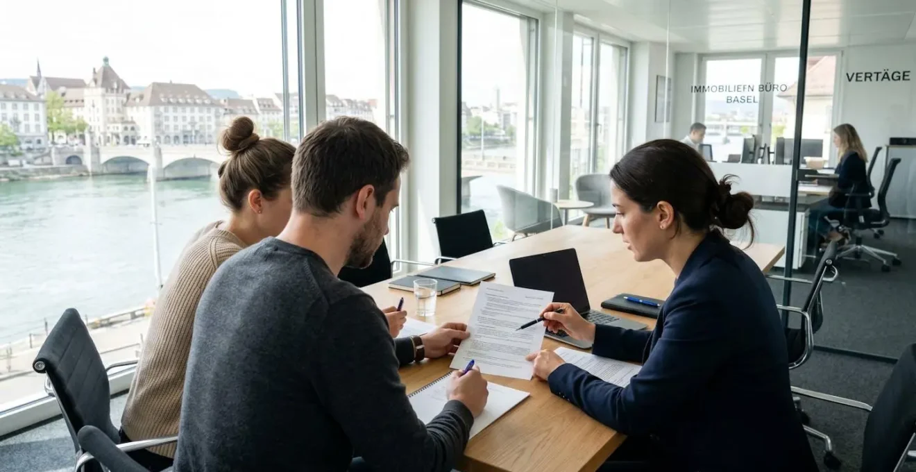 Ein internationales Paar sitzt einem Immobilienmakler gegenüber in einem hellen, modernen Basler Büro und betrachtet gemeinsam Unterlagen auf einem Schreibtisch