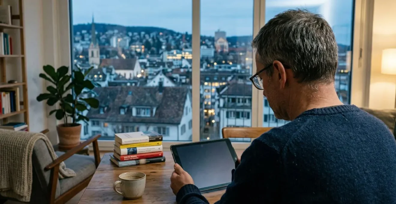 Ein Mann mittleren Alters sitzt in einem hellen Wohnzimmer und betrachtet konzentriert sein Tablet, während durch das Fenster Schweizer Stadtarchitektur sichtbar ist