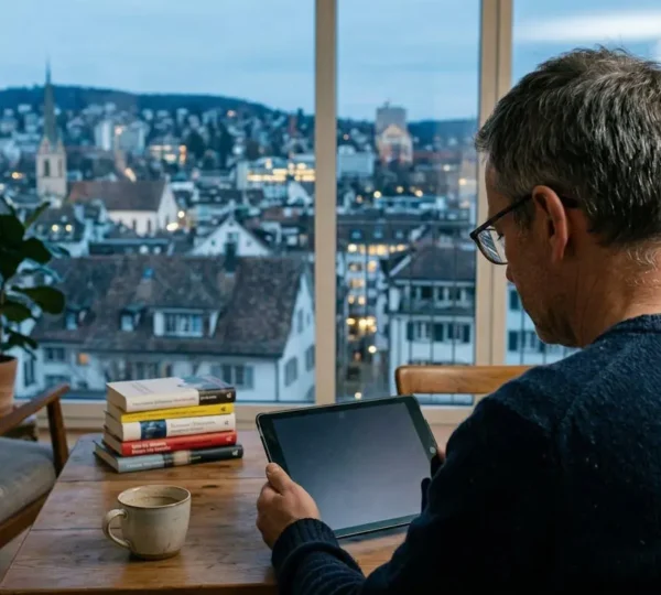 Ein Mann mittleren Alters sitzt in einem hellen Wohnzimmer und betrachtet konzentriert sein Tablet, während durch das Fenster Schweizer Stadtarchitektur sichtbar ist