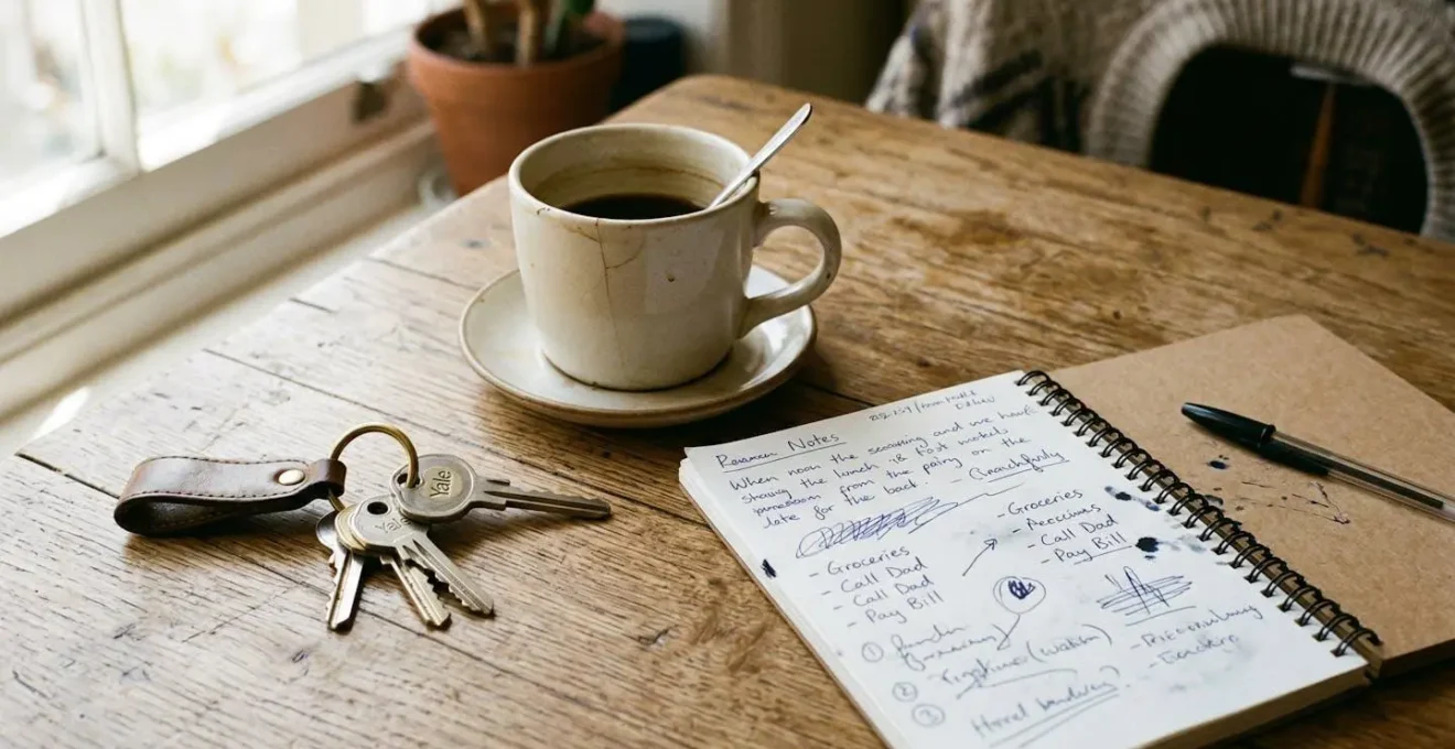 Ein Schlüsselbund liegt auf einem Holztisch neben einer Kaffeetasse und handschriftlichen Notizen, warme Lichtstimmung