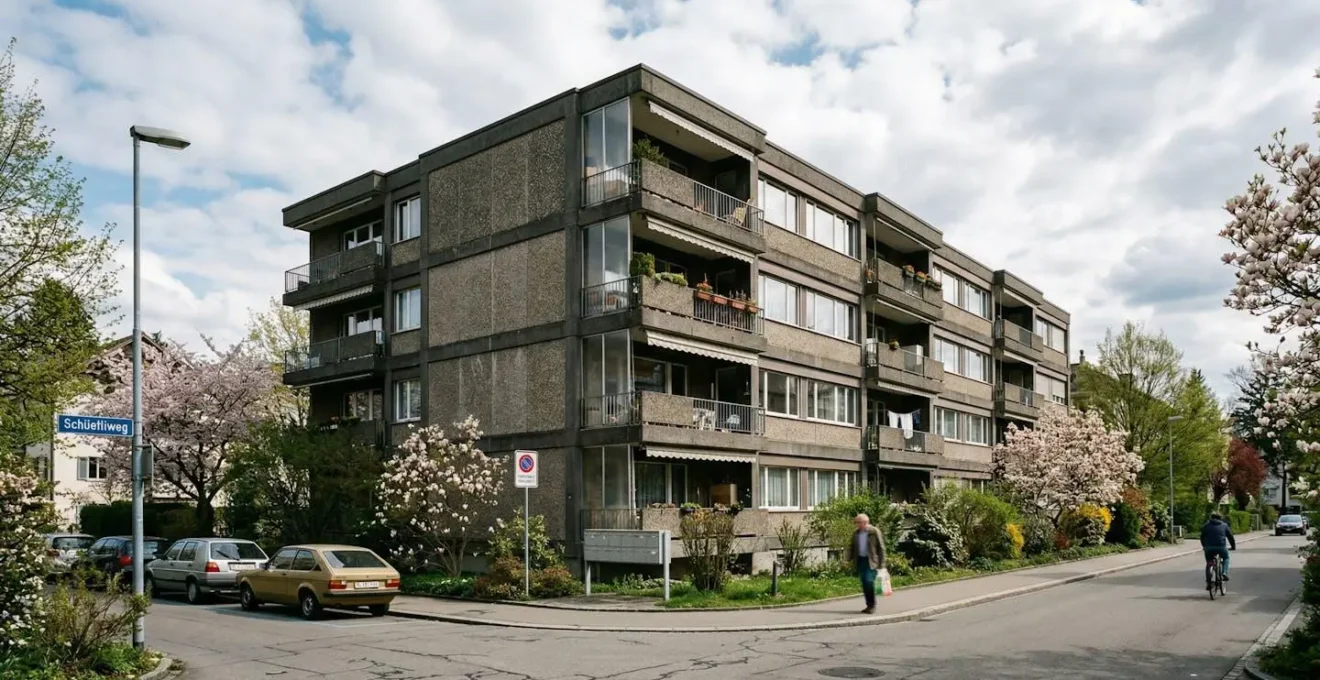 Ein typisches Schweizer Mehrfamilienhaus im Stil der 1970er-Jahre in einer Wohngegend, Frühlingswetter mit leicht bewölktem Himmel