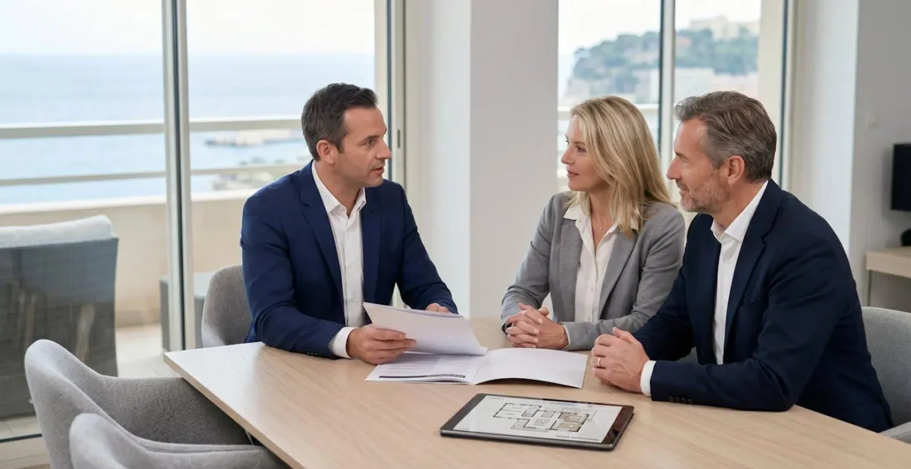 Vermögensberater präsentiert einem deutschen Investorenpaar eine Monaco-Immobilienmappe in einer modernen Agentur mit Meerblick im Hintergrund