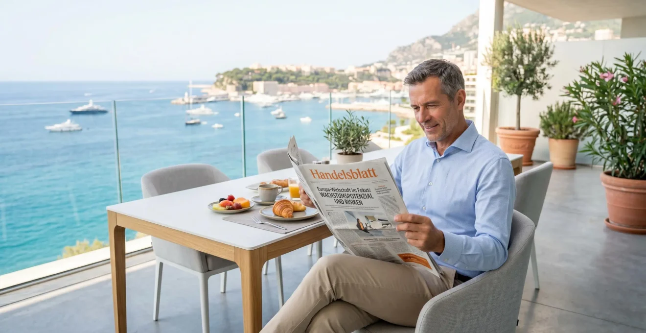 Geschäftsmann beim Frühstück auf der Terrasse einer modernen Monaco-Wohnung mit Panoramablick auf das Mittelmeer und mediterrane Vegetation