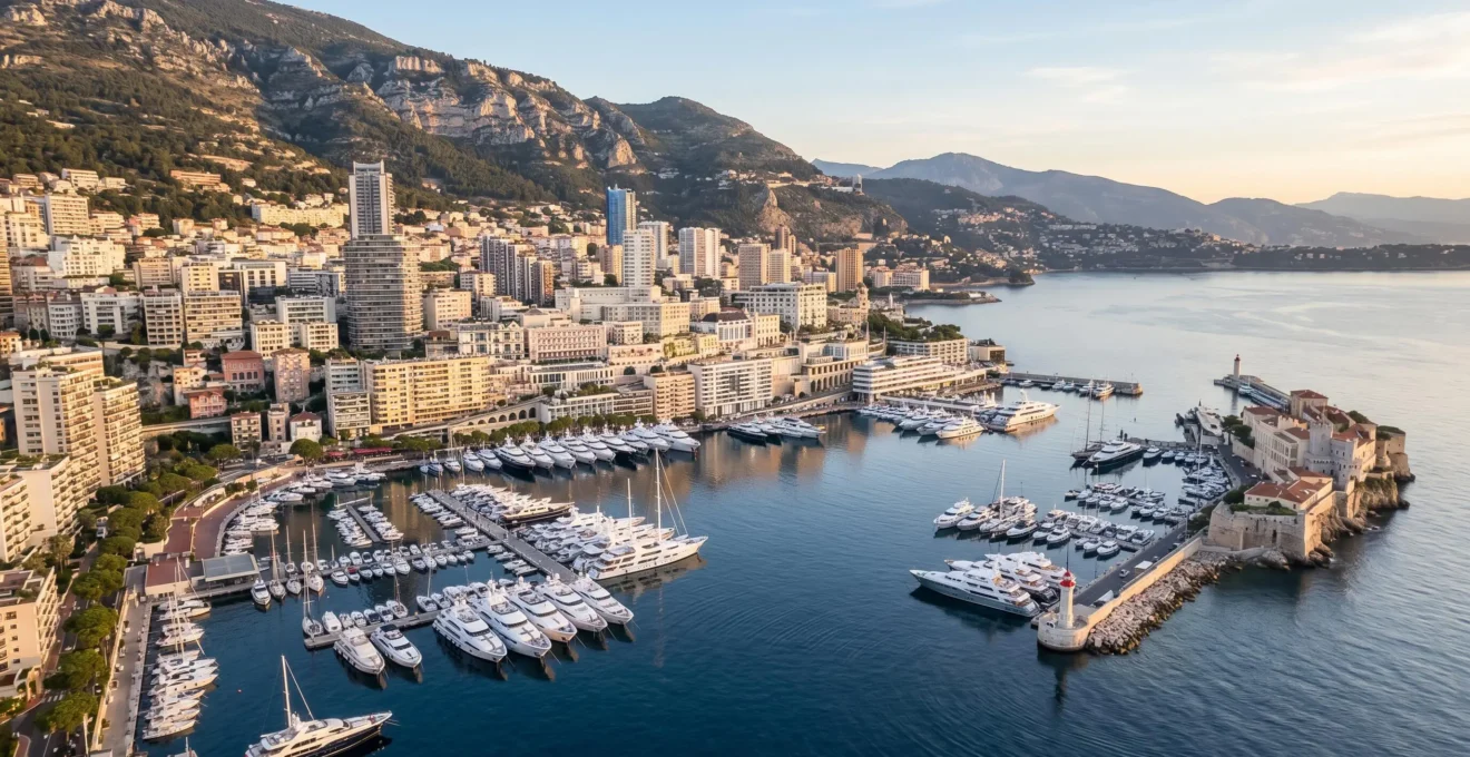 Luftaufnahme des Port Hercule in Monaco am frühen Morgen mit modernen weißen Wohntürmen an der Uferpromenade, Luxusyachten im Jachthafen und der charakteristischen steilen Topografie des Fürstentums, das sich vom Mittelmeer erhebt