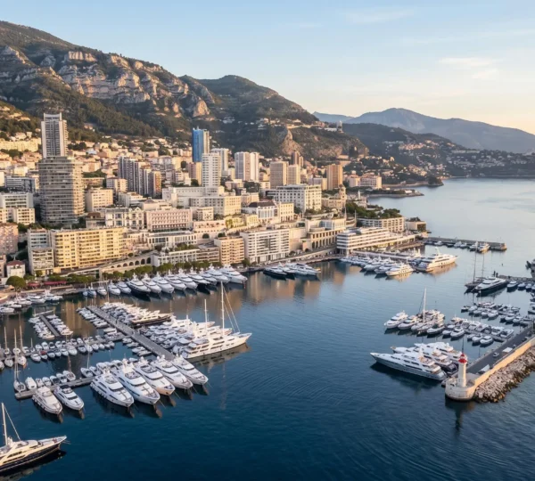 Luftaufnahme des Port Hercule in Monaco am frühen Morgen mit modernen weißen Wohntürmen an der Uferpromenade, Luxusyachten im Jachthafen und der charakteristischen steilen Topografie des Fürstentums, das sich vom Mittelmeer erhebt